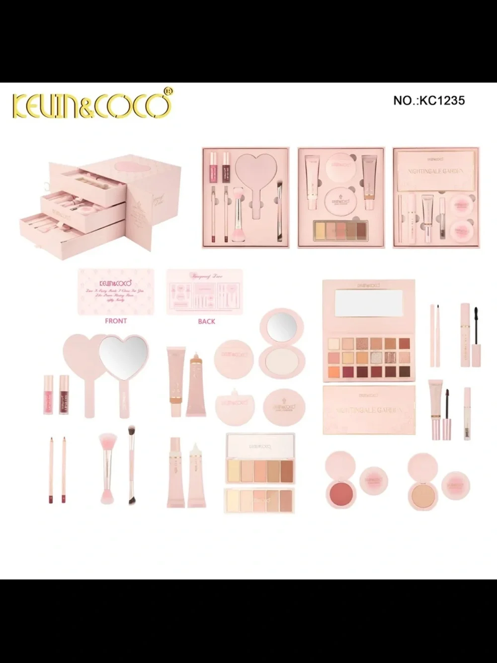 KEVIN&COCO Pink Decorative Gift Box with Gold LC Accent full makeup kit pr box